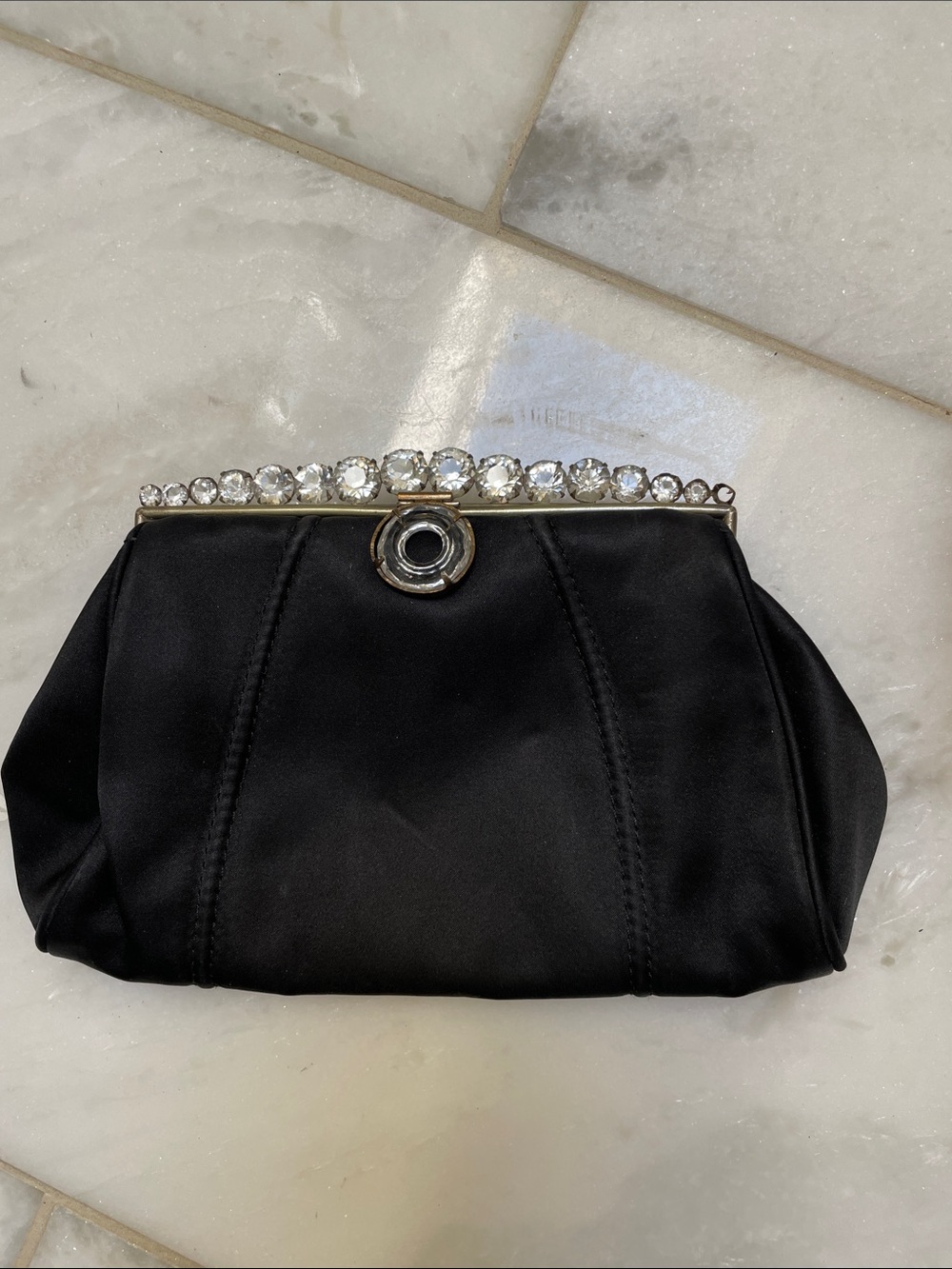 Black Satin Evening Clutch with Crystal Frame